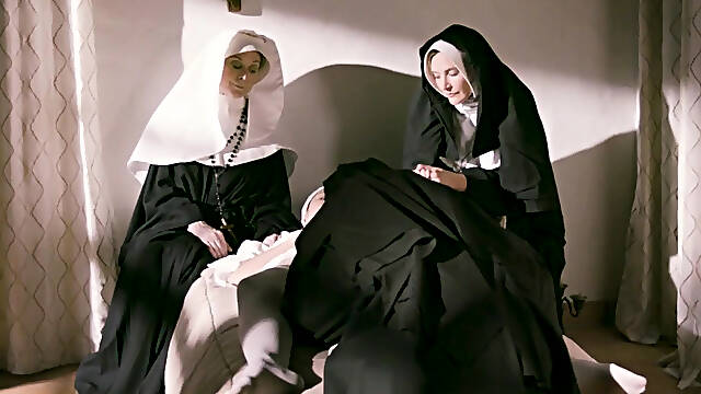 Busty lesbian nun licks