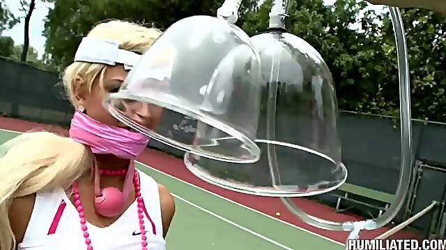 Hot bondage sex on a tennis court with the hot marilyn scott