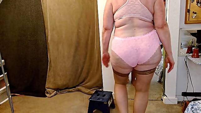Granny DawnSkye1962 Shows Off Big Clits in Bra and Panties