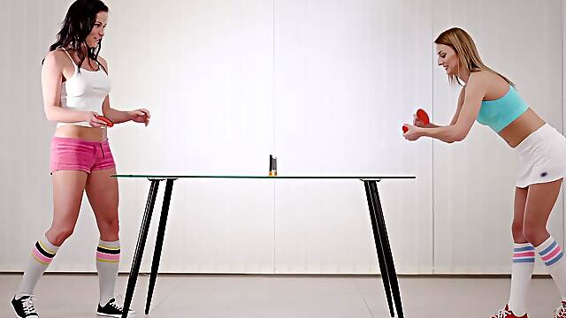 Katy Rose & Niki Sweets ping pong game turns into a hot lesbian dildo session