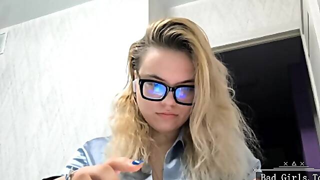 Super cute slim big tits blonde teen closeup teasing
