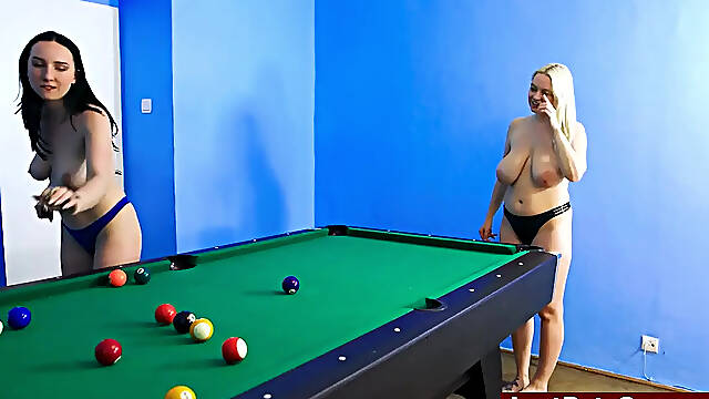 Busty Lesbos strip pool game turns into a lost bet