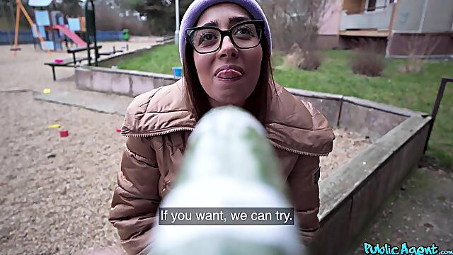 Public Hookup with Brunette Nerd in Eyeglasses - The How Deep Challenge - Martin Gun