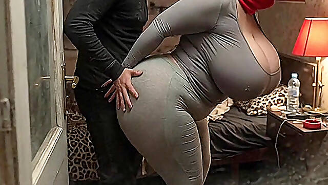 Big Tits Girl in Grey Outfit Gets Pressed from Behind by Boyfriend